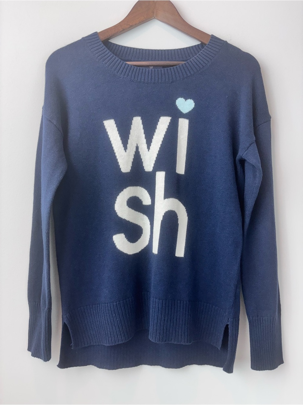 Gap NWT Women’s Small Navy Blue “Wi Sh” Heart Knit Sweater Crewneck